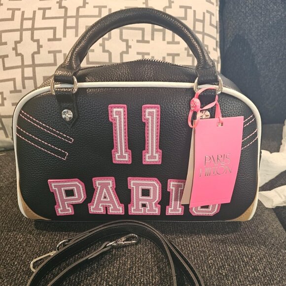 Paris Hilton Varsity Vegan Leather Bowler Satchel Hand Bag with Removable Strap - Picture 2 of 10